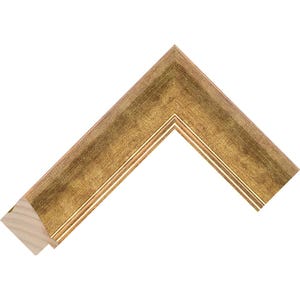 May include: A corner section of a gold picture frame. The frame has a textured surface with a metallic finish. The inner edge has a thin, lighter-coloured accent. The unfinished wood is visible on the corner.