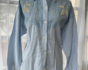 Jane Ashley Blue Striped Embroidered Pearl Button-Up Blouse (1X) Cottagecore Coastal Grandma