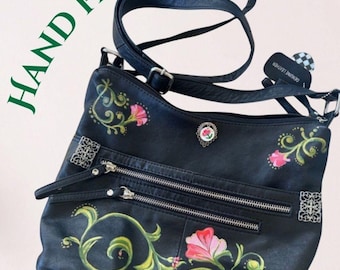 Upcycled Hand-Painted Floral Leather Crossbody Bag Artisan Wearable Art Unique