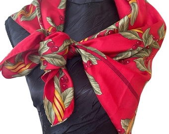 Oscar De La Renta Signed Silk Scarf - Red Botanical Print Leaves & Berries - 35”