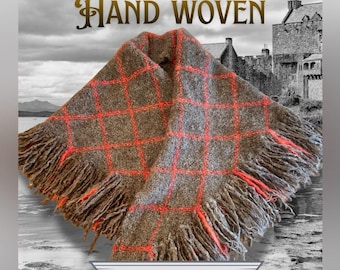 Handwoven Lambswool Shawl: Gray Red Plaid, Knotted Fringe, Boho Wrap, Wearable Art