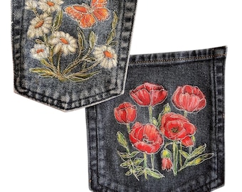 Hand-painted Floral Art Patch Pockets, Butterfly Daisies Poppies, Upcycled Denim Textile Art