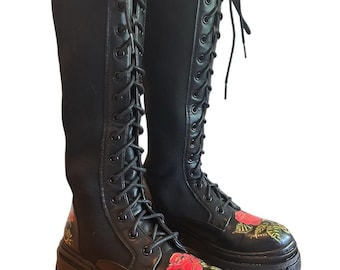 WEARABLE ART Handpainted Lace-up Combat Boots - Black Knee-High - Lug Soles - 5.5