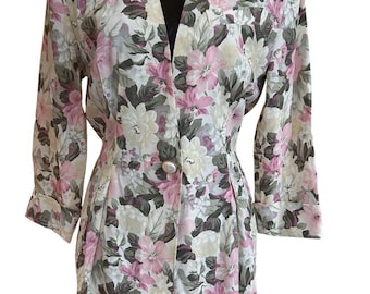 Vintage Floral Pink & Cream Blazer Jacket - 80s Statement Silhouette - size 5/6