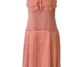Vintage Pink Silk Pleated Dress Size 6, Ruffle Front, Y2K Coquette Midi