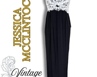 Jessica McClintock Vintage Black Formal Gown Lace Pearl Empire Waist Size 6