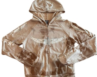 SLEDGE USA Vintage Y2K Grunge Zip-Up Hoodie - Metallic Angel Wing Graphic - M