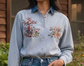 Jane Ashley Blue White Striped Embroidered Pearl Button-Up Blouse Size 1X
