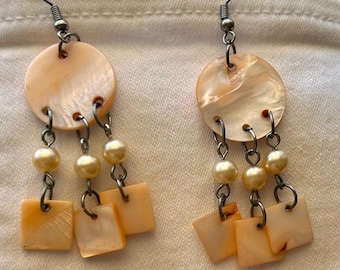 Vintage Boho Peach-Toned Mother of Pearl Dangle Earrings with Pearl Accents