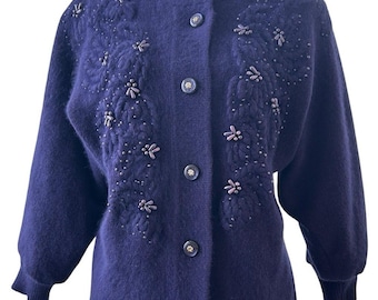 Belldini 1980s Angora Embroidered Beaded Violet Cardigan Size M Vintage Glam