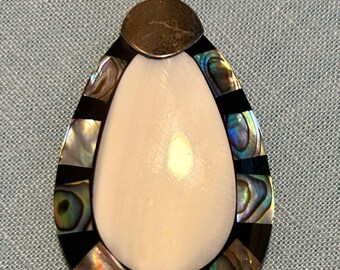 Vintage Signed Lee Sands Sterling Teardrop Pendant -  Mother of Pearl & Abalone.