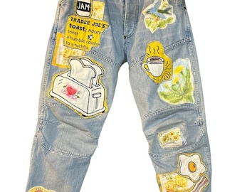 WEARABLE ART Upcycled Vintage Jeans High End Hand-Painted/ Floral/Breakfast Appliqués size adjustable 31-28