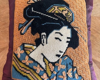 Antique Vintage Handcrafted Geisha Needlepoint Sofa Pillow - Orange and Blue