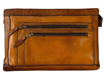 Mid-Century Vintage Leather Clutch Travel Bag with Snap Down Wrist Strap- Cognac