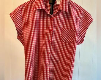 Jordache 1970s Red Plaid Cotton Cap Sleeve Top Juniors Size 15 Vintage