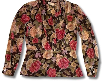 Dana Buchman Vintage Silk Floral Wrap Blouse Long Sleeve Size 10 Luxury