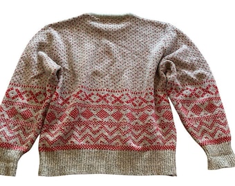 Vintage Wool Fair Isle Crewneck Sweater Gray Red Size Large Nordic Winter