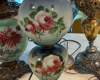 Antique Gone with the Wind Hurricane Lamp Electrified. Blue with red painted flowers.