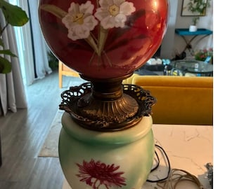 Antique Gone with the Wind Hurricane Lamp Electrified. Maroon and Aqua Blue with Floral Patterns