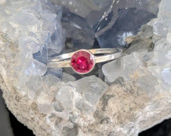 Fushia Pink Solitaire Ring Sterling Silver and Cubic Zirconia, Promise Ring Square Band