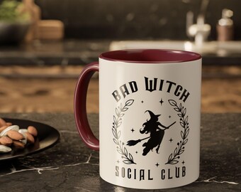 Bad Witch Social Club Mug, Halloween Witch Gift, Spooky Coffee Cup for Her, Witchy Vibes Mug, Funny Witches Mug for Friends, M0082