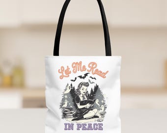 Let Me Read in Peace Tote Bag, Vintage Halloween Book Lover Gift, Spooky Reading Bag, Ghost Bat Canvas Book Tote, Trick Treat Bag, T014