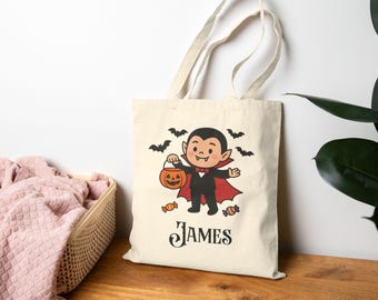 Personalized Halloween Tote Bag, Halloween Candy Tote Bag for Kids, Cute Dracula Trick or Treat Bag, Eco-Friendly Halloween Gift, T004