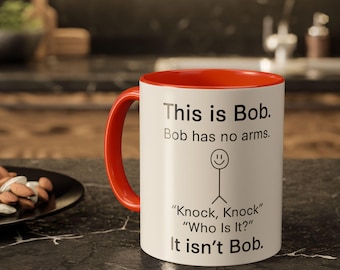 Taza divertida de broma "Toc Toc", meme de Bob, regalo de broma para amigos y familiares, taza de café humorística, taza de broma "Bob no tiene brazos", M0084