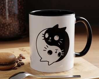 Yin Yang Cat Mug, Black and White Kitty Cup, Cute Cat Lover Gift, Coffee Mug, Aesthetic Ceramic Mug, Gift for Her, Christmas Gift, M0002