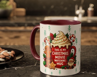 Christmas Movie Watching Mug, Cozy Holiday Coffee Cup, Cute Christmas Gift for Her or Him, Festive Hot Cocoa Mug 11oz 15oz, M0097