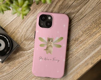 Custodia rigida per telefono con gatto fatato rosa, "Era una fata", graziosa custodia protettiva estetica per iPhone - Samsung, regalo unico, regalo per lei, C002