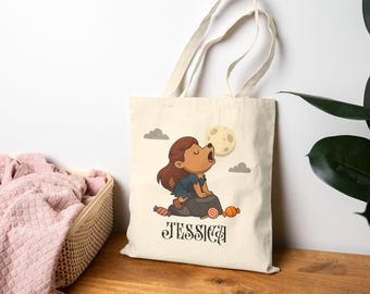 Personalized Girl Werewolf Halloween Tote, Custom Name Trick or Treat Bag, Eco-Friendly Canvas Candy Bag for Kids, Spooky Gift Idea, T007