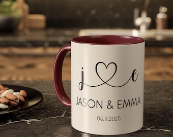 Personalized Couple Mug with Names & Date, Custom Initials Coffee Cup, Romantic Gift for Husband Wife Fiancé Boyfriend Girlfriend, M0072