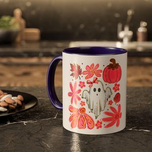 Cute Pink Halloween Ghost Mug, Girly Spooky Coffee Cup, Fall Floral Pumpkin Mug, Halloween Gift for Her, October Cozy Mug, M0083