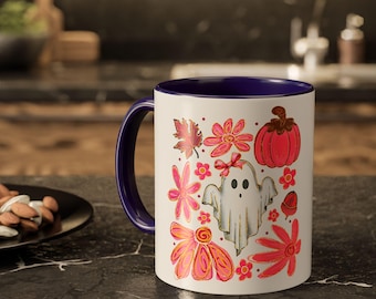 Cute Pink Halloween Ghost Mug, Girly Spooky Coffee Cup, Fall Floral Pumpkin Mug, Halloween Gift for Her, October Cozy Mug, M0083