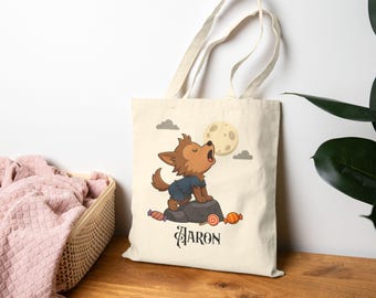 Personalized Werewolf Halloween Tote Bag, Custom Trick or Treat Bag with Name, Eco-Friendly Canvas for Kids, Spooky Candy Bag, T006