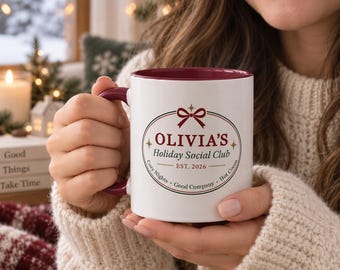 Personalized Christmas Mug, Custom Name Holiday Coffee Mug, Holiday Social Club Design, Hot Cocoa Cup, Coworker Xmas Gift, M0103