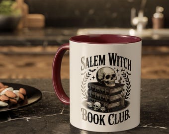 Salem Witch Book Club Mug, Halloween Gift for Book Lovers, Spooky Witchy Coffee Cup, Skull Mug for Fall Vibes & Cozy Reads, X0081