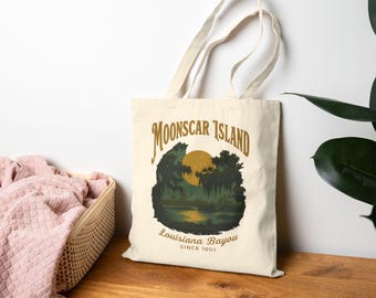 Moonscar Island Vintage Tote Bag – Spooky Retro Cartoon-Inspired Canvas Bag – Mystery Bayou Swamp Gift for Horror & Nostalgia Fans, T017
