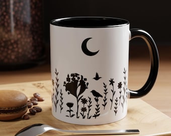 Tazza con fiore di luna, tazza da caffè floreale vintage con luna e uccelli, regalo ispirato alla natura, tazza estetica di Halloween per il tè - Amanti del caffè, M0088