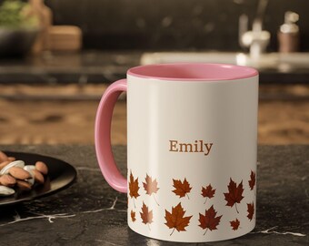 Personalized Fall Leaves Coffee Mug, Custom Name Autumn Mug, Thanksgiving Gift for Her, Cozy Fall Drinkware, Seasonal Home Decor, M0094