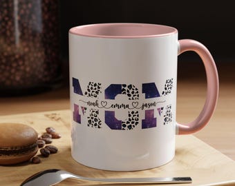 Tazza MOM personalizzata con i nomi dei bambini / Regalo personalizzato con stampa leopardata per la mamma / Tazza per la festa della mamma con nome / Tazza con manico colorato carino / M0029