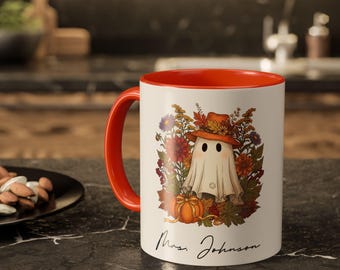 Taza personalizada de fantasma de Halloween, taza de calabaza con flores de otoño, taza de café con nombre personalizado, bonito regalo de fantasma para amigos y familiares, regalo para ella, M0086