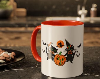 Halloween Cat Mug, Cute Witch Cat Coffee Cup Gift for Friends & Family, Black Cat Pumpkin Fall Mug, Spooky Season Mug, Gift for Her, X0085