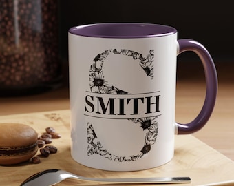 Custom Floral Initial Mug for Bridesmaid, Maid of Honor | Personalized Wedding Party Gift | Name & Color Customizable Mug | M0038