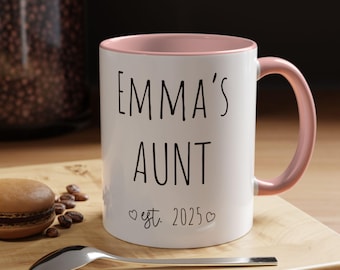 Taza personalizada para tía con nombre y año / Regalo para tía nueva 2025 / Taza personalizada para tía / Anuncio de bebé / Taza para el Día de la Madre / M0035