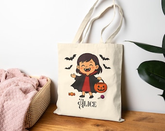 Personalized Halloween Tote Bag for Kids, Custom Name Trick or Treat Bag, Eco-Friendly Canvas Candy Bag, Halloween Gift for Girls, T005
