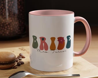 Personalized Retro BRIDE Mug, Custom Wedding Gift, Colorful Flower Name Mug for Bridal Shower, Engagement or Bachelorette, M0024