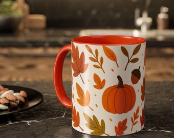 Fall Pumpkin Leaves Coffee Mug, Autumn Coffee Cup for Cozy Drinks, Halloween Fall Mug, Thanksgiving Gift, Seasonal Home Decor, M0091