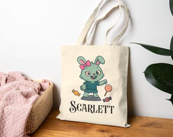 Personalized Zombie Bunny Girl Halloween Tote, Custom Name Trick or Treat Bag, Cute Spooky Canvas Candy Bag for Kids, Gift for Kids, T009